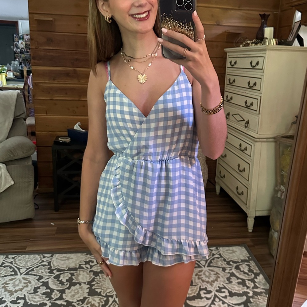 Blue and White Gingham Romper